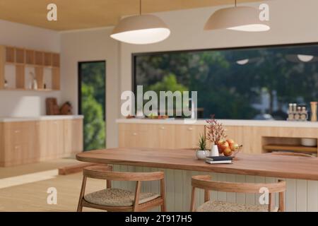 A wooden kitchen dining table with wooden armchairs in a modern Scandinavian kitchen with kitchen appliances. 3d render, 3d illustration Stock Photo
