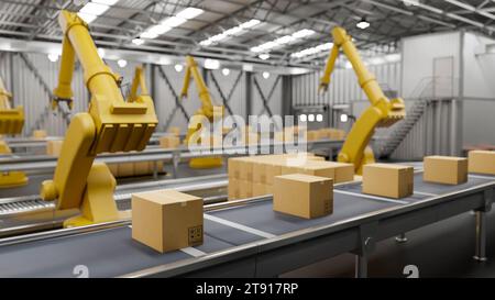 A modern distribution warehouse with modern robot arms and cardboard boxes on a conveyor belt. Modern cargo freight transportation industry. 3d render Stock Photo