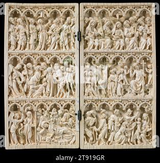 Diptych with scenes from the life of Christ, c. 1375, Attributed to Master of the Passion Diptych, French, active c.1375, 8 3/16 x 8 3/4 in. (20.8 x 22.23 cm), Ivory, France, 14th century, The carved scenes of this diptych (hinged two-paneled object) read from left to right, beginning at the bottom: the Annunciation, the Nativity, the Adoration of the Magi, the Betrayal of Judas, the Crucifixion, the Resurrection, the Ascension, and Pentecost Stock Photo
