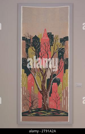 Manhattan, c. 1947, 117-1/8 x 48-9/16 in. (297.5 x 123.3 cm), Screenprinted linen, United States, 20th century, Manhattan depicts a cityscape complemented by a slice of park, likely New York City’s Central Park. It reflects the Midtown skyline, bustling with new architecture and business opportunities after World War II ended in 1945. A modern homeowner likely used this panel as a curtain in a large window, maybe referencing an urban scene outside Stock Photo