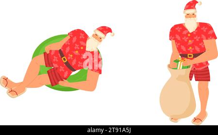 Summer Santa Claus holding bag with gifts. Christmas in July concept. Stock vector illustration in cartoon hand drawn style isolated on white backgrou Stock Vector