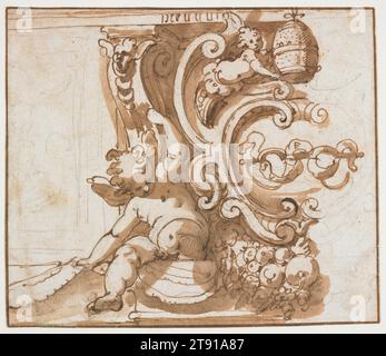 Putti with the Impresa of Pope Leo X, 1585-1587, Jacopo Zucchi, Italian, Florence c. 1541-1590 Rome, 5 11/16 x 6 5/8 in. (14.5 x 16.8 cm) (sheet)15 3/4 x 19 3/4 in. (40.0 x 50.2 cm) (outer frame), Pen and brown ink wash over black chalk on laid paper, Italy, 16th century, Jacopo Zucchi trained in Florence under Giorgio Vasari and spent most of his career in Rome working for members of the Medici family in residence there. This study relates to decoration in the Villa Medici on the Pincian Hill in Rome, where Zucchi worked on several projects. Stock Photo