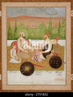 Portrait of Fakir Khan and His Sons, c. 1690, 15 3/8 x 11 3/8 in. (39.05 x 28.89 cm) (sheet), Ink, colors and gold leaf on paper, India, 17th-18th century, Fakir Khan, shown seated here with his four sons, was a member of Shah Jahan's court (reigned 1627-58) at Delhi; each sitter is identified in Persian. Royal portraiture was introduced to India with the Mughal conquest in the sixteenth century. Many of these idealized portraits reveal subtle modes of representation through which Indian rulers reasserted their power and achievements. For instance, Fakir Khan's royal status is conveyed Stock Photo