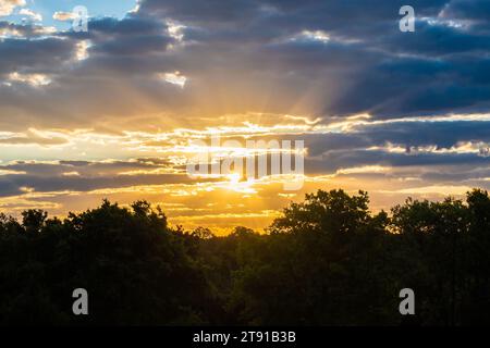 Sunrise in clouds with sun rays. Stock Photo