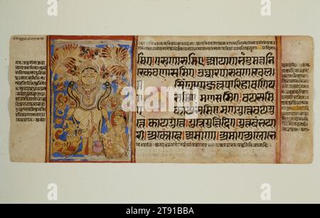 Kalaha Preaches to King Sahr; Mahavira’s Departure with Indra (top); Adoration of a Tirthankara (bottom), c. 1500, 4 3/8 x 10 3/8 in. (11.11 x 26.35 cm), Opaque watercolor and gold on paper, India, 15th-16th century, The Kalpasutra (Book of Ritual) is a major canonical text that provides an extended biography of Mahavira, the founder of Jainism. It is the principal text of the Svetambara Jains, rulers of the Gujarat state in western India and committed art patrons. Because the commissioning of a Jain text for a temple library was deemed an act of religious merit Stock Photo