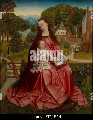 Virgin and Child in a Landscape, c. 1492–98, possibly Master of the Madonna Grog; Artist: possibly Aert van den Bossche; Artist: formerly Master of the Embroidered Foliage, Netherlandish, active 1480–1500, 41 1/4 x 34 1/4 in. (104.78 x 87 cm) (panel)53 1/2 x 34 3/16 in. (135.89 x 86.84 cm) (outer frame), Oil on panel, Netherlands, 15th-16th century, This painting is an altarpiece, a devotional image used in a Christian church, and many of the details are religious symbols. The walled garden, for instance, refers to the garden in the Bible’s Song of Songs and is associated with the Virgin Mary Stock Photo