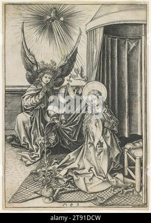 The Annunciation, c. 1480, Martin Schongauer, German, c. 1440/53–1491, 6 3/8 x 4 7/16 in. (16.19 x 11.27 cm) (image), Engraving, Germany, 15th century, The angel Gabriel tells Mary, a virgin, that she will bear the son of God, Jesus. Martin Schongauer fills the tender scene with delicacy and grace. As had already become customary by his time, he shows Mary as having been interrupted while at prayer, but his unusually tight composition, with Gabriel approaching Mary from behind, emphasizes the element of surprise. In another innovation, he gave Gabriel a laurel crown Stock Photo