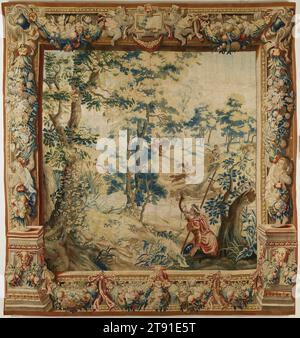 Women Hunting the Fox, c. 1650, Unknown designers and cartoonists, Flanders, 159 1/2 x 150 3/4 in. (405.13 x 382.91 cm), Wool, silk; tapestry weave, Belgium (Flanders), 17th century, In the foreground, a huntsman—a professional director of hounds—commands dogs in the distance with blasts from his horn. Farther afield, a female rider balances her spear while training her gaze on the fox to her right. The declining deer population at the time had forced hunters to seek alternative game such as foxes and other pests Stock Photo