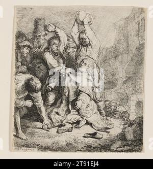 The Stoning of St. Stephen, 1635, Rembrandt Harmensz. van Rijn, Dutch, 1606–1669, 3 3/4 x 3 3/8 in. (9.5 x 8.5 cm) (sheet), Etching, The Netherlands, 17th century, Rembrandt chose the martyrdom of Saint Stephen as the subject of his first painting, completed in 1625 at the age of 19. Some ten years later, he reprises the theme in this dramatic etched portrayal of the saint's murder by stoning. According to the Acts of the Apostles from the Bible, Stephen was a disciple of Jesus and deacon in the early Christian church who was assigned to distribute food and charities to widows and needy Stock Photo