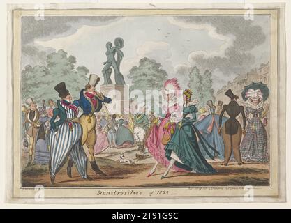 Monstrosities of 1822, October 19, 1822, George Cruikshank, British, 1792 - 1878, 10 x 14 in. (25.4 x 35.56 cm) (image)10 1/8 x 14 1/4 in. (25.72 x 36.2 cm) (plate)10 5/8 x 14 3/4 in. (26.99 x 37.47 cm) (sheet)15 3/4 x 19 3/4 x 1 1/8 in. (40.01 x 50.17 x 2.86 cm) (outer frame), Hand-colored etching, England, 19th century, Published annually between 1816 and 1825, this celebrated series of prints satirized the most absurd fashion crazes of the year. Ladies and gentleman appear preposterously overdressed as they parade for one another through London's Hyde Park. Stock Photo