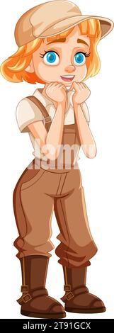 A shy farmer girl with short hair, wearing a cap and brown overalls Stock Vector