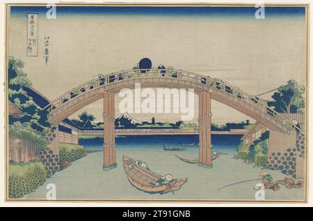 Under Mannen Bridge at Fukagawa, 1830-1833, Katsushika Hokusai; Publisher: Nishimuraya Yohachi, Japanese, 1760 - 1849, 10 1/16 × 15 5/16 in. (25.5 × 38.9 cm) (sheet, horizontal ōban), Woodblock print (nishiki-e); ink and color on paper, Japan, 19th century, Built on the shores of Edo Bay, the city of Edo was defined by a network of rivers and canals that served as major thoroughfares for the transport of people and goods. Bridges thus provided vital links for travel and communication and were an important element in the city's evolution into a thriving metropolis Stock Photo