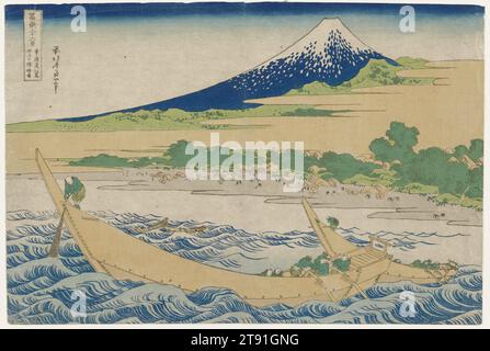 Tago Bay near Ejiri on the Tōkaidō, 1830-1833, Katsushika Hokusai; Publisher: Nishimuraya Yohachi, Japanese, 1760 - 1849, 9 3/4 × 14 1/2 in. (24.8 × 36.8 cm) (image, sheet, horizontal ōban), Woodblock print (nishiki-e); ink and color on paper, Japan, 19th century Stock Photo