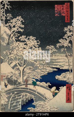 Meguro Drum Bridge and Sunset Hill, 1857, 4th month, Utagawa Hiroshige; Publisher: Sakanaya Eikichi, Japanese, 1797 - 1858, 13 3/8 x 8 13/16 in. (34 x 22.4 cm) (image)14 3/16 × 9 9/16 in. (36.1 × 24.3 cm) (sheet, vertical ōban)17 15/16 x 14 in. (45.5 x 35.5 cm) (mat), Woodblock print (nishiki-e); ink and color on paper, Japan, 19th century Stock Photo