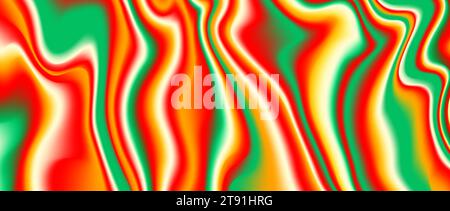 Psychedelic iridescent background. Bright neon holographic wallpaper. Red orange green wavy fluid gradient texture. Abstract acid trippy backdrop for banner, poster, brochure, overlay. Vector  Stock Vector