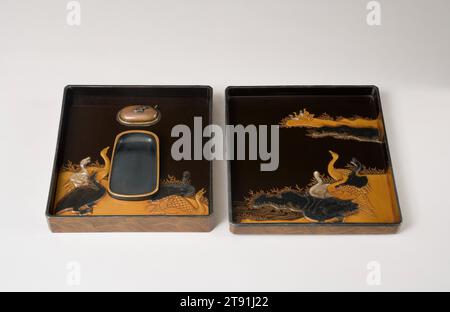 Writing box with bridge and waves, 18th century, Unknown Japanese, 1 3/4 × 8 1/4 × 8 3/4 in. (4.45 × 20.96 × 22.23 cm), Black lacquer with sprinkled gold, metal and shell inlay, Japan, 18th century, This lidded box is a suzuribako, a box designed to hold an assortment of writing tools, including an inkstone, water dropper, ink sticks, an ink-stick holder, and brushes. The lid features a design of an arched bridge rendered in inlaid metals and mother-of-pearl over rough waves, made by applying powdered gold. These motifs may refer to the famous bridge over the Uji River in the town of Uji Stock Photo