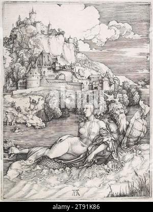 The Sea Monster, c. 1498, Albrecht Dürer, German, 1471–1528, 10 1/8 x 7 9/16 in. (25.72 x 19.21 cm) (image), Engraving, Germany, 15th-16th century, The elaborately coiffed woman seems considerably less perturbed by her abduction than does the turbaned man approaching the water's edge. This image directly corresponds to no known story from classical mythology and may be rooted in the tales of sea monsters that abounded during the Age of Discovery. Just as the monster comprises characteristics of various creatures, the background landscape combines elements of the castle of Nuremberg Stock Photo