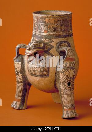 Vessel, c. 1100 - 1200 CE, 14 1/2 x 10 1/4 in. (36.83 x 26.04 cm), Clay, pigments, Costa Rica, 12th-13th century, Jaguar effigy jars are a classic form of ancient Costa Rican art. Shaped into the representation of a sun-devouring feline god, the vessel is covered with colorful painted designs that refer not only to the jaguar, but also to celestial elements such as the sun and stars. The legs of these jars were usually hollow, with clay balls inserted to make them rattle Stock Photo