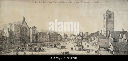 View of New Palace Yard with Westminster Hall, 1647, Wenceslaus Hollar, Bohemian (active in London and Antwerp), Bohemian (active in London and Antwerp), 1607-1677, 5 1/8 x 12 15/16 in. (13.02 x 32.86 cm) (plate)5 11/16 x 12 3/4 in. (14.45 x 32.39 cm) (sheet), Etching with drypoint, England, 17th century Stock Photo