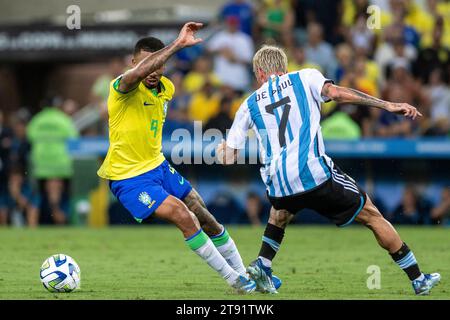 Rio, Brazil - November, 21, 2023, De Paul and Gabriel Magalhaes player in match betweenBrazil x Argentina in the sixth round of the FIFA World Cup qua Stock Photo