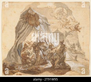 Judith with the Head of Holofernes, and a Vision of the Virgin and Child Casting Out Evil, c. 1749, Gottfried Bernhard Göz; Artist: Formerly attributed to Unknown Italian, 5 3/4 x 6 13/16 in. (14.61 x 17.3 cm) (sheet), Pen, brown ink and wash, heightened with white gouache, Germany, 18th century, This wash drawing is a preparatory study for one of Gottfried Bernhard Göz's painted church ceilings, which were fixtures of 18th-century Bavaria. (The wash technique is oddly appropriate: Holofernes had subjugated Judith's people by cutting off their water supply, and it will be restored with his Stock Photo