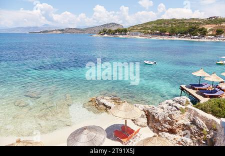 The beautiful blue waters of Ksamil beach, outside of Sarande, Albania Stock Photo