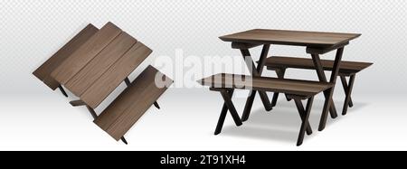3d isometric picnic table with wooden bench garden outdoor furniture. Wood realistic street long seat and desk render for dinner barbecue in summer. Outside exterior icon design collection for bbq Stock Vector