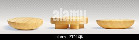 Round wooden podiums for product presentation isolated on transparent background. Vector realistic illustration of 3D platforms made of natural material for cosmetics display, tray for asian food Stock Vector