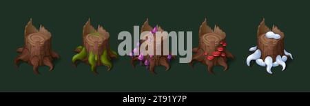 Forest stumps set isolated on background. Vector cartoon illustration of part of cut old tree covered with neon color poisonous mushrooms, green moss, white snow, woodland game ui design elements Stock Vector