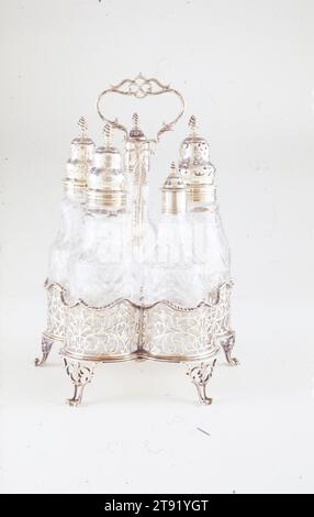 Cruet Set, stand, 1772-1773, 9 3/4 x 6 1/4 in. (24.77 x 15.88 cm), Silver, glass, England, 18th century Stock Photo