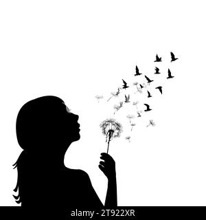 Girl blowing on dandelion and the seeds are transforming into birds Stock Vector