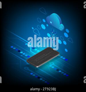 Isometric illustration of smartphone and cloud computing technology. Vector illustration. Stock Vector