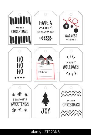White and Black Illustrative Christmas Gift Tags Stock Photo