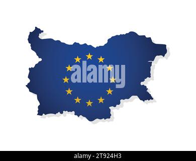 Vector illustration with isolated map of member of European Union - Bulgaria. Concept decorated by the EU flag with gold stars on blue background Stock Vector