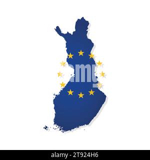 Vector illustration with isolated map of member of European Union - Finland; Concept for finnush design decorated by the EU flag with yellow stars on Stock Vector