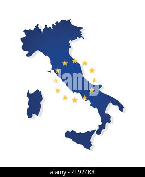 Vector illustration with isolated map of member of European Union - Italy. Italian concept decorated by the EU flag with yellow stars on dark blue bac Stock Vector