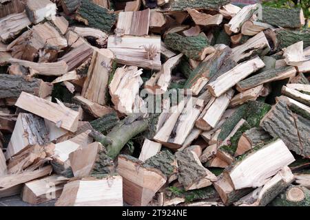 Firewood, ash, split, wood, in pieces, tree, woodpile, Split firewood from the trunk of an ash tree lies on a pile Stock Photo