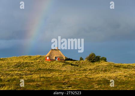 Rainbow and thatched house, Nymindegab, Jutland, Denmark Stock Photo