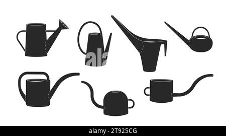 Vector isolated illustration set with agriculture icons of flat watering cans. Handle pots are equiment to care and add soil for plants, black shape. Stock Vector