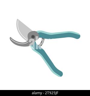 Vector isolated illustration with flat metal garden pruning shears, steel blades, green handles. Cutters are equipment for caring for plants, flowers. Stock Vector