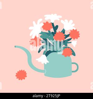 Vector botanical illustration with flower bouquet in water can. Flat tulips, chrysanthemums in vase created in pastel colors. Greeting card for Intern Stock Vector