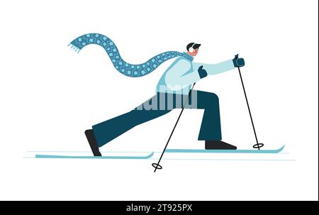 Vector isolated colorful illustration with male character in blue dress having winter training outdoor. Flat cartoon  sportive man is skiing in cross Stock Vector