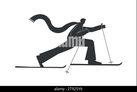 Vector isolated illustration with male character having winter training. Flat cartoon sportive man is skiing in cross country style. Nordic skier has Stock Vector