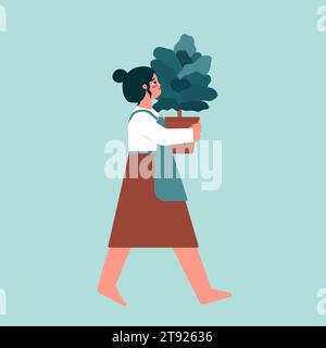 Vector flat illustration with female character holding pot with exotic plant fiddle leaf fig. Greeting card with happy woman looking at Ficus lyrata. Stock Vector
