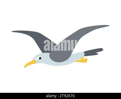 Vector isolated illustration with flat flying sea bird. Seagull has white body, grey  wings and yellow beak. Single ocean gull is glidind mid air. Cut Stock Vector