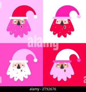 Vector illustration with flat cartoon characters of Santa Claus: african, caucasian. Design of poster or greeting card for Merry Christmas of Happy Ne Stock Vector