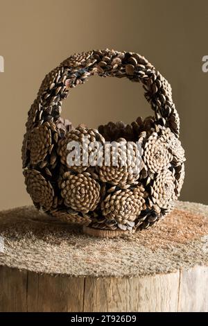 Hand basket made of pine cones placed on a log Stock Photo