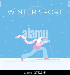 Vector isolated colorful illustration with female character in blue and pink dress with text Winter Sport. Flat cartoon active woman is skiing in cros Stock Vector