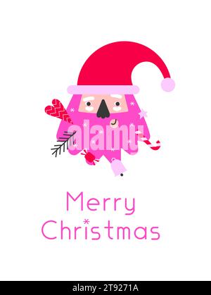 Vector isolated illustration with flat cartoon character of Santa Claus with funny decorated beard. Design of A4 poster, greeting card with text Merry Stock Vector