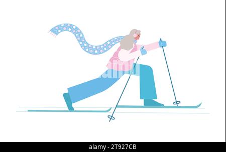 Vector isolated colorful illustration with female character in blue dress having winter training outdoor. Flat cartoon sportive woman is skiing in cro Stock Vector